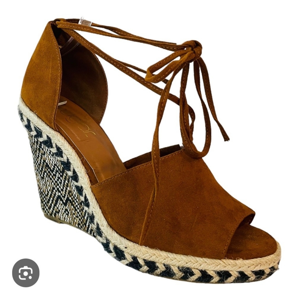 Sugar Faux Suede Shayla Espadrille Wedge Tie Brown Espadrille Sandals